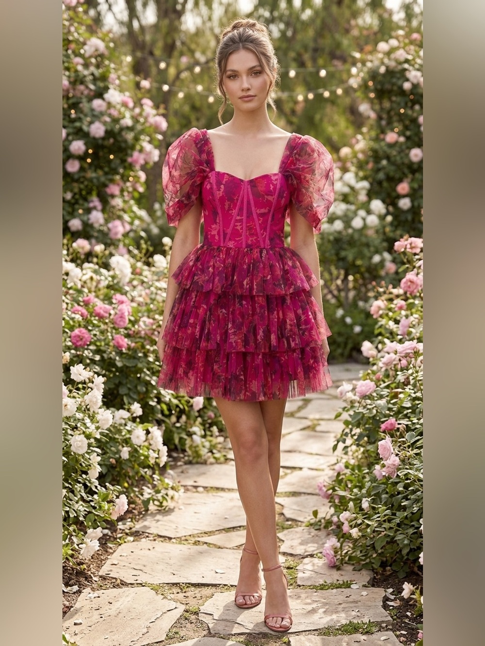 🌷 Lace & Beads Fuchsia Floral Tiered Tulle Cocktail Dress # 44